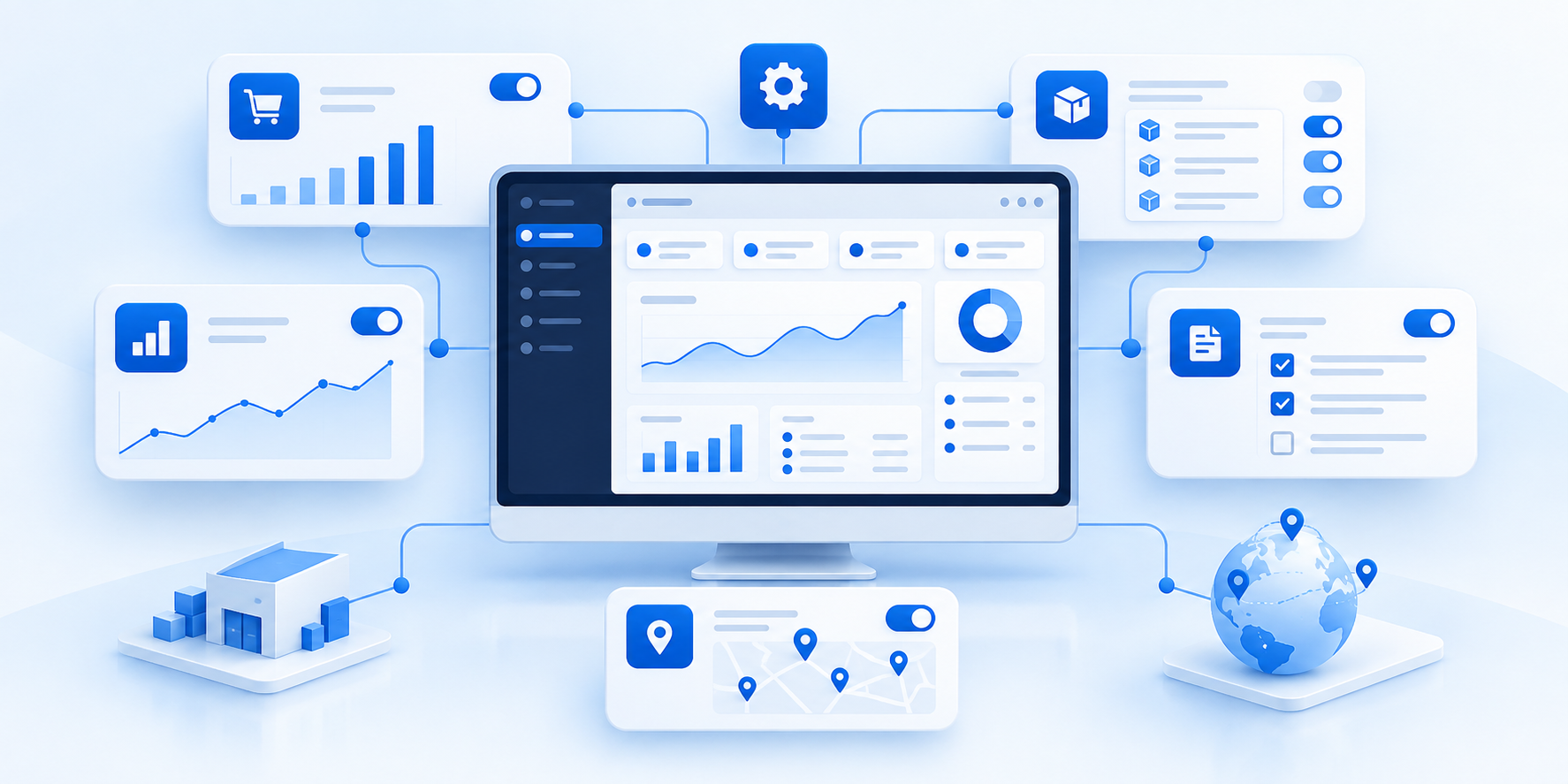 ERP control center with business dashboards and connected modules